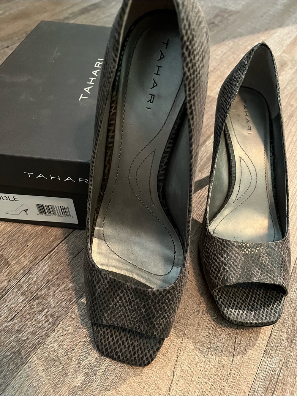 Tahari Gray Snake-Print Peep Toe Pumps
